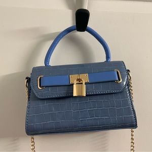 Mini Vegan Croc Leather Blue Gold Chained Crossbody Bag